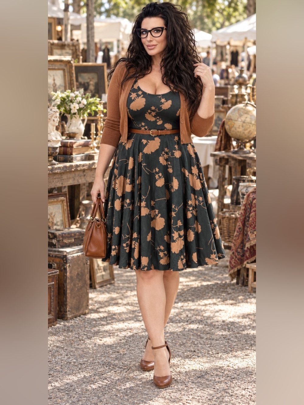 LuLaRoe Nicole Floral Fit Flare Dress XL Black Gold Tan Scoop Neck Skater Midi